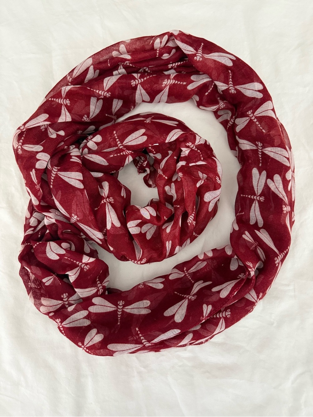 Charming Charlie Red Dragonfly Print Lightweight Infinity Scarf Earthy One Size